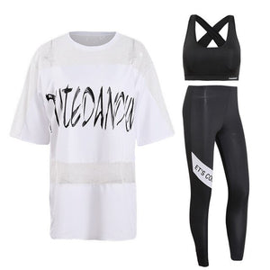 Yoga Set Mesh Cropped Shirts +Yoga Pants  +Bra 3Pcs Sets-PS