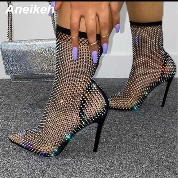 Bling Rhinestone Mesh Pointed Toe Ankle Boots Heels