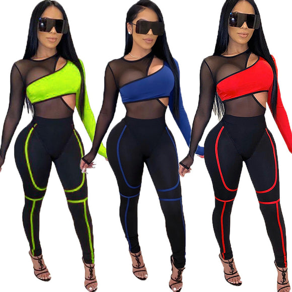 2 Piece Neon Jogger Mesh Patchwork Tracksuit Set