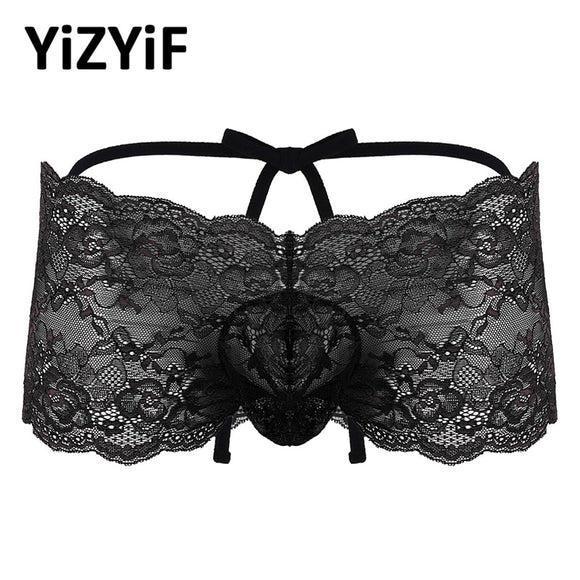 Men See Through Floral Lace Low Rise Bikini Briefs