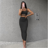 2pc Hollow Out Sling Vest Crop Top+Elastic Long Skirt