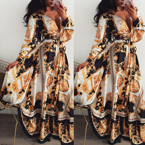 Boho Wrap Maxi Loose Floral Print V-neck Dress