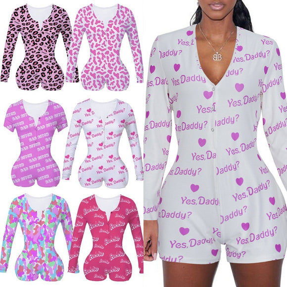 Long Sleeve Deep V Neck Bodycon Short Pajama Jumpsuit S-2XL