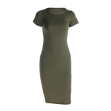 Solid O-Neck Short Sleeve Casual Pencil Dress - PS