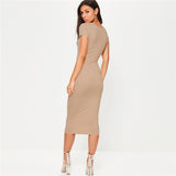 Solid O-Neck Short Sleeve Casual Pencil Dress - PS