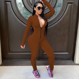 Long Sleeve Deep V Zip Up Fitness Jumpsuit- XS