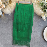 Green Fringe Pencil Tassel High Waist Skirt