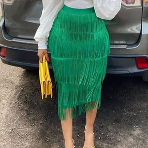 Green Fringe Pencil Tassel High Waist Skirt