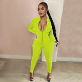 Long Sleeve Deep V Zip Up Fitness Jumpsuit- XS