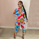 Long Sleeve Deep V Zip Up Fitness Jumpsuit-L