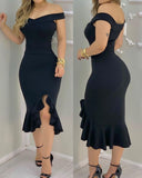 Elegant Off Shoulder Ruffle Hem Slit Dress