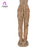 High Waist Khaki Stacked Tie Dye Patchwork Cargo Pants