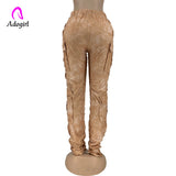 High Waist Khaki Stacked Tie Dye Patchwork Cargo Pants