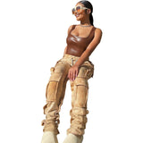 High Waist Khaki Stacked Tie Dye Patchwork Cargo Pants