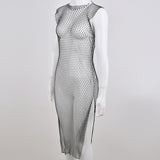 Mesh Hollow Out Rhinestone Sleeveless Bodycon Dress cover-up