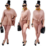 2PC Solid Loose Top Leggings Shot Sleeve Summer Jogger Tracksuit-PS