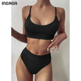 Solid High Waist Push Up Brazilian Ribbed Bikini