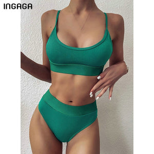 Solid High Waist Push Up Brazilian Ribbed Bikini