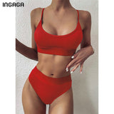 Solid High Waist Push Up Brazilian Ribbed Bikini