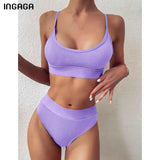 Solid High Waist Push Up Brazilian Ribbed Bikini