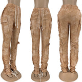 High Waist Khaki Stacked Tie Dye Patchwork Cargo Pants