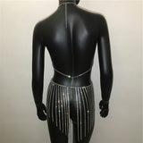 Rhinestone Body Chain 2pc Hollow Out Crop Top And Tassel Skirt