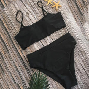 High Waist Solid Color 2pc Bikini