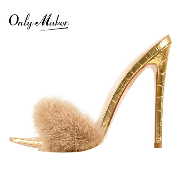 Peep Toe Mules Artificial Fur Slip On Thin High Heels