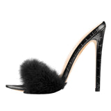 Peep Toe Mules Artificial Fur Slip On Thin High Heels