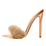 Peep Toe Mules Artificial Fur Slip On Thin High Heels