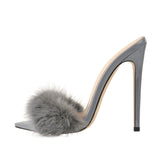 Peep Toe Mules Artificial Fur Slip On Thin High Heels