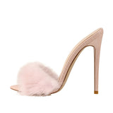 Peep Toe Mules Artificial Fur Slip On Thin High Heels