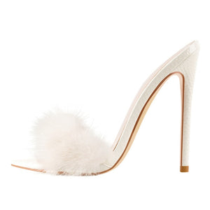 Peep Toe Mules Artificial Fur Slip On Thin High Heels