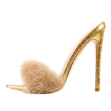 Peep Toe Mules Artificial Fur Slip On Thin High Heels