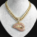 Rhinestone Cuban Link Sexy Lips Pendant Necklace