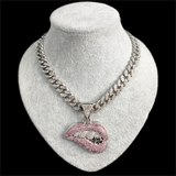 Rhinestone Cuban Link Sexy Lips Pendant Necklace