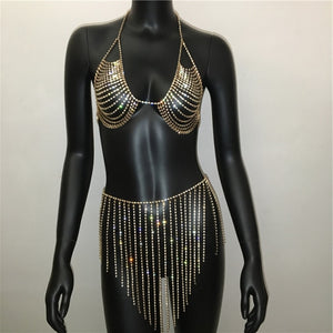 Rhinestone Body Chain 2pc Hollow Out Crop Top And Tassel Skirt