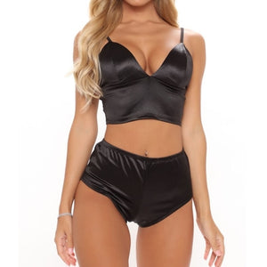 Satin V Neck Crop Top + Shorts Pajamas