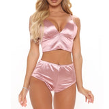 Satin V Neck Crop Top + Shorts Pajamas