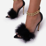 Pointed Toe Feather Heels w/Gold Ankle Chain