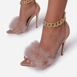 Pointed Toe Feather Heels w/Gold Ankle Chain