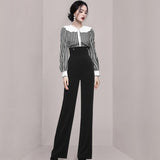 2pc Diamond Beading Long Sleeve Shirt with High Waist Pants