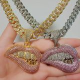 Rhinestone Cuban Link Sexy Lips Pendant Necklace