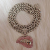 Rhinestone Cuban Link Sexy Lips Pendant Necklace