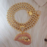 Rhinestone Cuban Link Sexy Lips Pendant Necklace