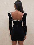 Deep V Neck Crystal Padded Shoulder Bodycon Dress