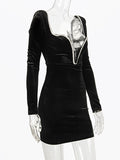 Deep V Neck Crystal Padded Shoulder Bodycon Dress