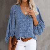 V Neck Long Lantern Sleeve Blouse