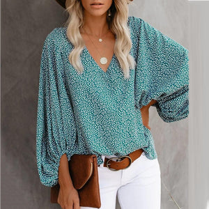 V Neck Long Lantern Sleeve Blouse