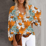 V Neck Long Lantern Sleeve Blouse